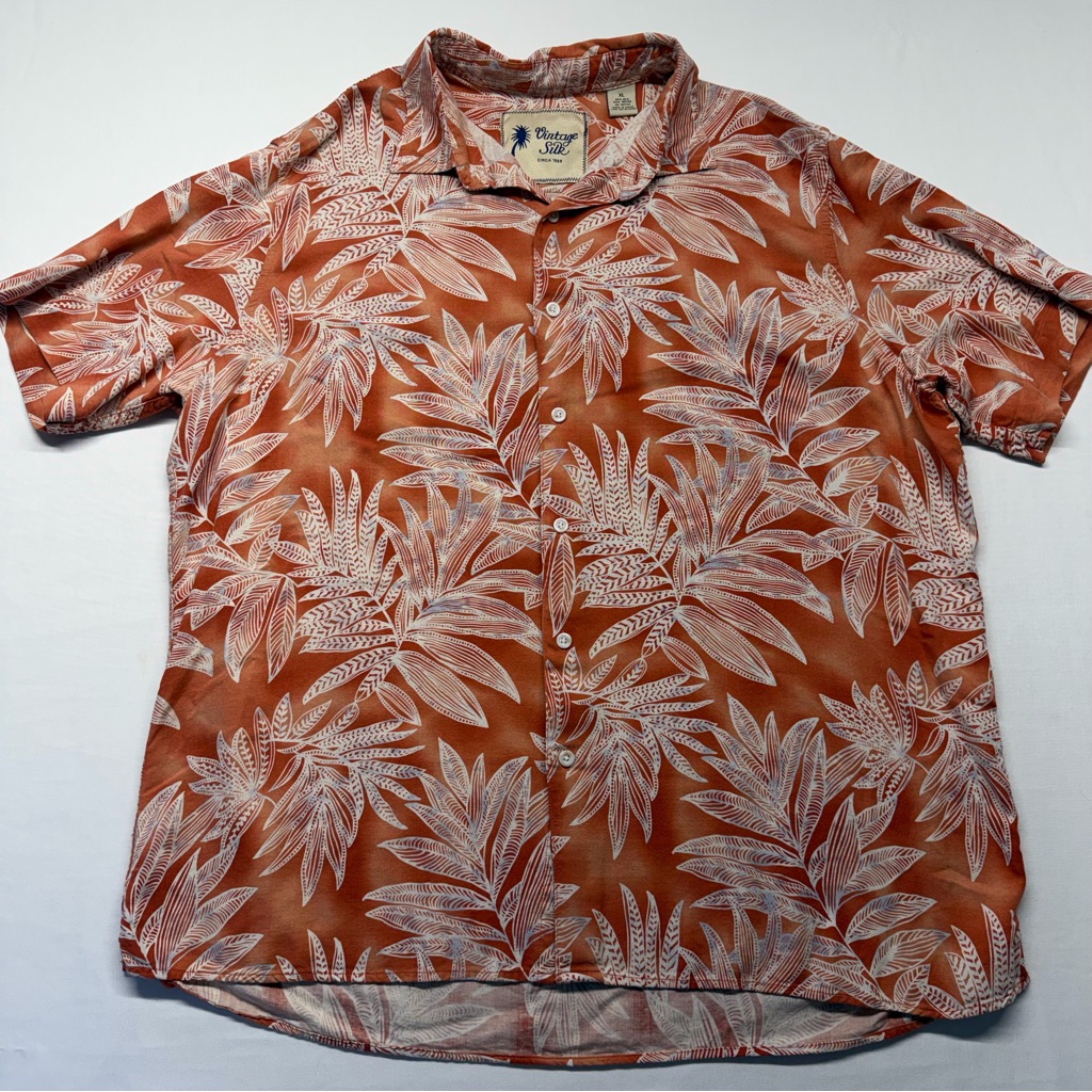 Vintage Silk Shirt Tropical Leaf Print Xl Orange Mens Hawaiian Aloha Button Down